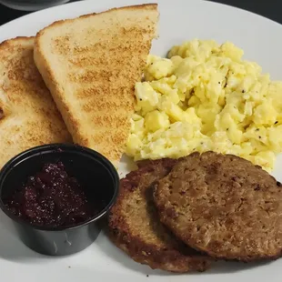 Breakfast Plate with Scrambled Eggs and Vegan Sausage.