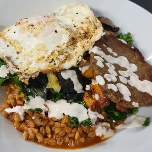 Brunch Farro Bowl w/ Kale, Sweet Potato, Over-Medium Egg, Pickled Mushrooms, &amp; Lemon-Mint Crema (added Vegan Sausage).