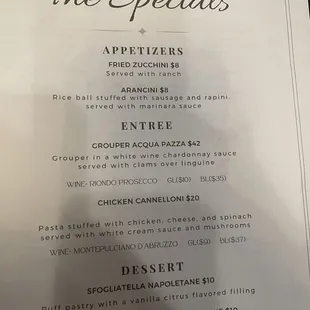 Specials menu