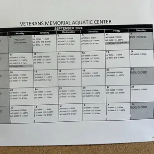 September 2024 pool hours