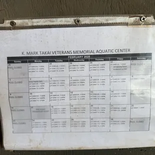 February 2025 pool hours