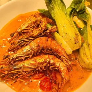 Scotland Wild Caught Jumbo Prawns Blackened &amp; Served in a Red Curry Coconut Reduction Accompanied by Jasmine Rice