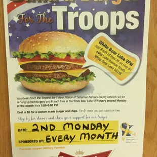 Burger Night supports Beyond the Yellow Ribbon which supports military families so go and enjoy a $5 burger for a great cause.