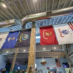 flags hanging from the ceiling