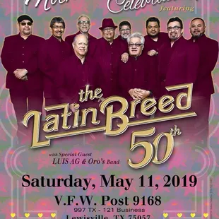 Upcoming Event:  Mother's Day Celebration with The Latin Breed Band May 11, 2019  at the VFW Post 9168 Lewisville TX