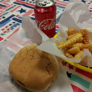 Great old fashioned cheeseburger with nice crisp fries and of course a Coke.  Great prices, and socializing with great people.