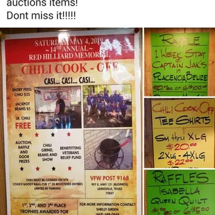 14th Annual Chilli Cook-off Poster - Fund Raiser on May 4, 2019 side posters of the Raffle and Auction Items