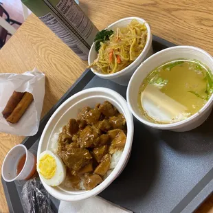 Chicken adobo, pancit, &amp; lumpia