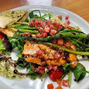 Wood-Roasted Salmon: Baby Greens, Roasted Asparagus, Marinated Tomatoes, Balsamic red
