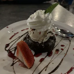Delicious, rich chocolate volcano cake with ice cream!
