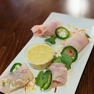 $7.99 Brazilian ceviche. Sauce is on the side due to my dairy on the side request.