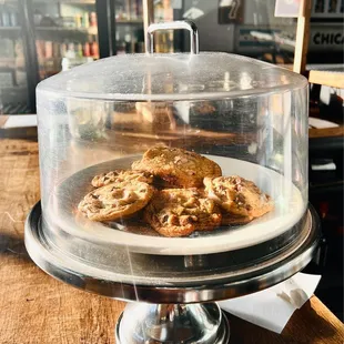 a plate of cookies under a glass dome
