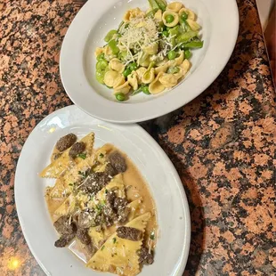 Mushroom ravioli and spring veggie orrechiette -TWO vegetarian options!