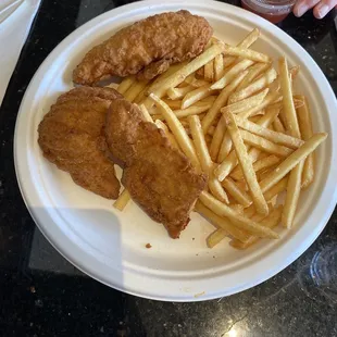 Kids, chicken tenders and fries