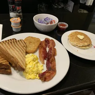 Bacon and 2 Eggs Your Way. Blueberry Pancakes