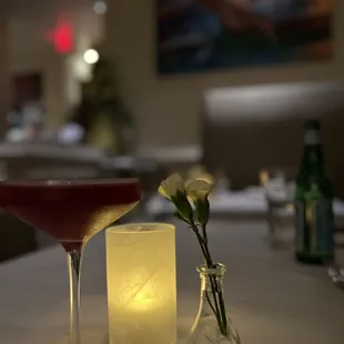 two glasses of wine and a candle on a table