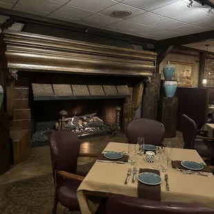 Fireplace in dining area