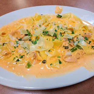 Pappardelle Creamy Smoked Salmon is a Valentine&apos;s Day 2023 special. It contains capers, asparagus, garlic, and shaved Parmesan.