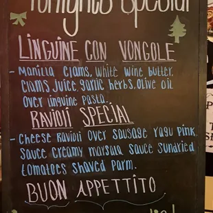 Specials menu for weekend of 11/8/24 to 11/10/24 included Linguine Con Vongole (clams) and Cheese Ravioli in a pink ragu &amp; marsala sauce.