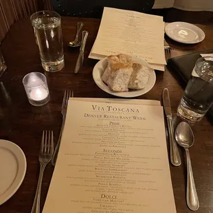 Restaurant week menu and bread