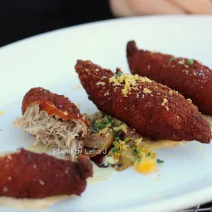 Duck Croquettes ($14) - guanciale aioli, cured egg yolk, charred leek. Very salty: I did not like this.