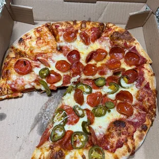 Pepperoni Extra Cheese half jalapeños