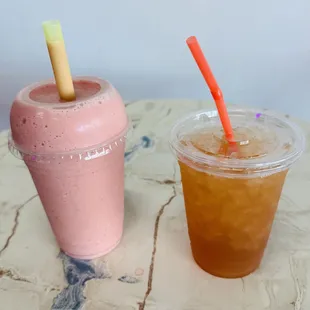 Strawberry-banana smoothie and peach-mango tea