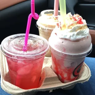 Strawberry lemonade, Cinnamon Toast Crunch smoothie, and a strawberry cheesecake protein smoothie!