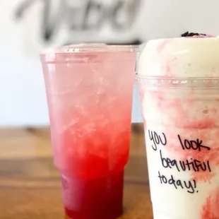 a smoothie and a drink on a table