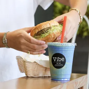 Vibe&apos;s House Made Nut Burger paired with The Mane Elixir. Can you say protein packed!