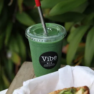 Greena Colada smoothie with a Chicken Avo panini.