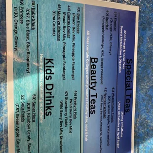 Special teas  Beauty teas  Kids drink menu