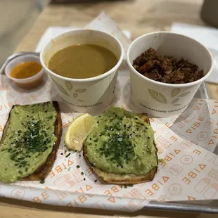 Broccoli Soup, Avocado Toast on Sweet Potato and Side Jackfruit Carnitas