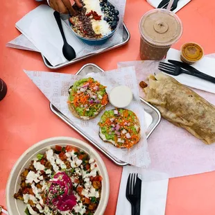 Macro bowl, breakfast burrito, tacos, majikal bowl