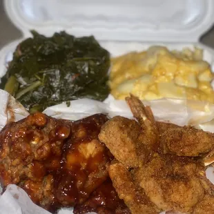 1/2 Hennessy -Peach Wings and 1/2 Old Bay Shrimp with Mac and Cheese and Greens
