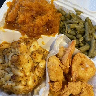 Crab cake &amp; shrimp with mashed sweet potatoes and green beans