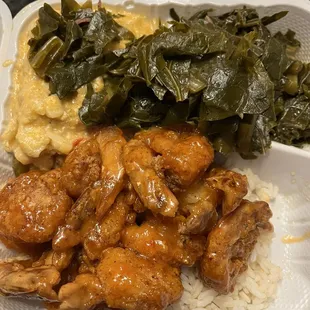 Bang bang shrimp, white rice, collards and Mac and cheese