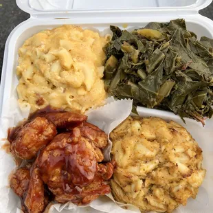 Jumbo Lump Crab Cake meal with Peach Henny bbq shrimp, Mac n cheese, &amp; collards