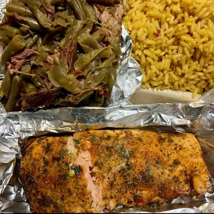 salmon, green beans, and rice