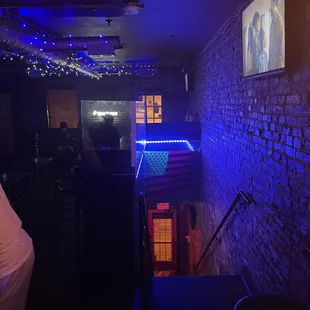 a bar with a brick wall