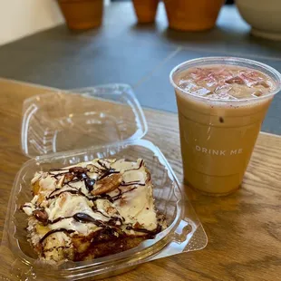 Turtle (chocolate, caramel, pecan) bun &amp; seasonal strawberries &apos;n cream iced oat milk latte