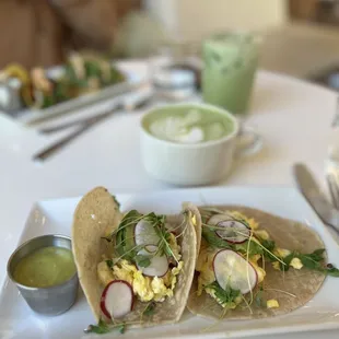 Breakfast tacos and matcha latte