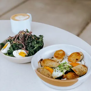 Latte, breakfast salad, sweet potato hash with chicken sausage