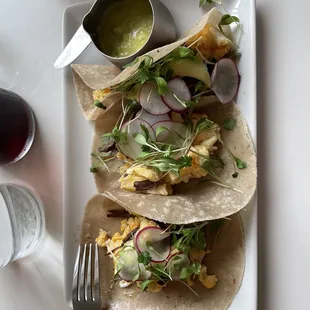 Breakfast tacos with braised short ribs.