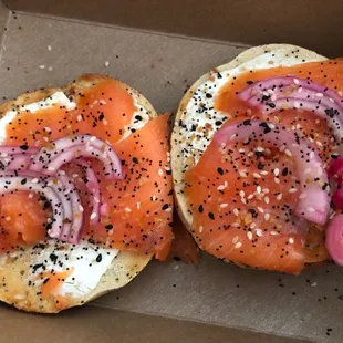 Lox Bagel ... creamy cream cheese, generous smoked salmon, pickled onions, and Everything seasoning.