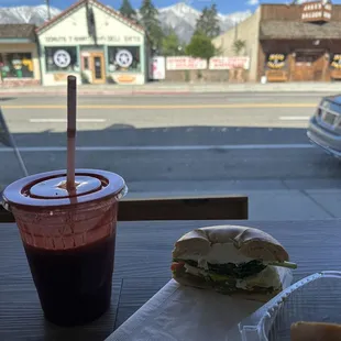 Mt Whitney juice and veggie breakfast bagel. So yummy !