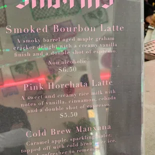 a menu for a pink horse latte