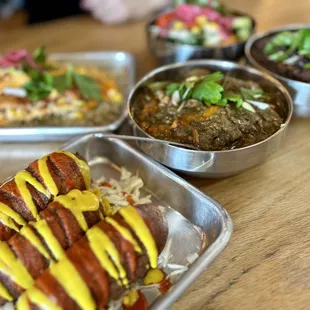 Corn dogs, blackened catfish, mixed greens, red beans and rice, gumbo