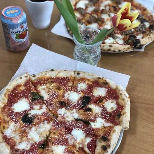 Margherita pizza in foreground, Meatball in the back!