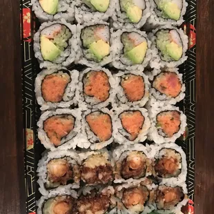 From tom to bottom: CA roll, spicy tuna roll, shrimp tempura roll